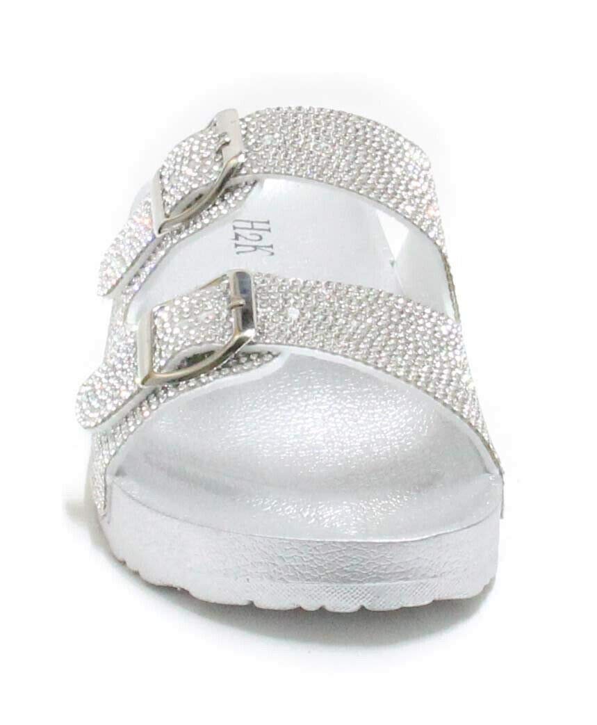 H2K Womens Glitter Double Buckle Adjustable Comfort Slip On Slides Sandals Espen