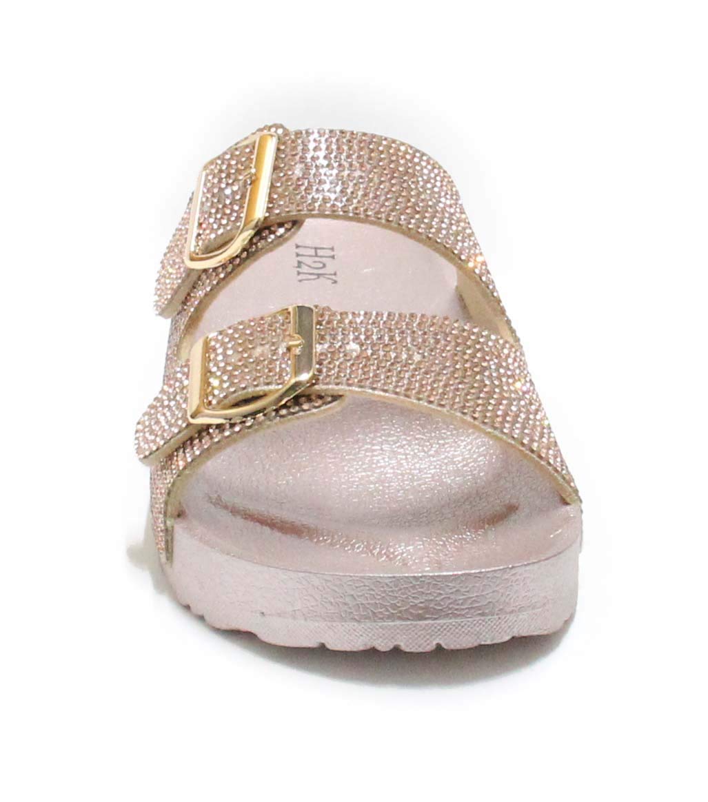 H2K Womens Glitter Double Buckle Adjustable Comfort Slip On Slides Sandals Espen