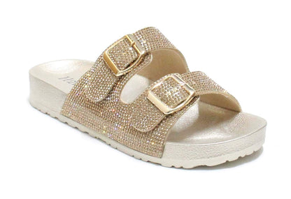 H2K Womens Glitter Double Buckle Adjustable Comfort Slip On Slides Sandals Espen