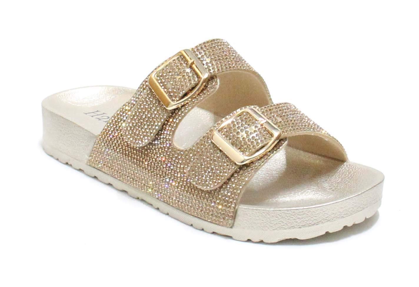 H2K Womens Glitter Double Buckle Adjustable Comfort Slip On Slides Sandals Espen