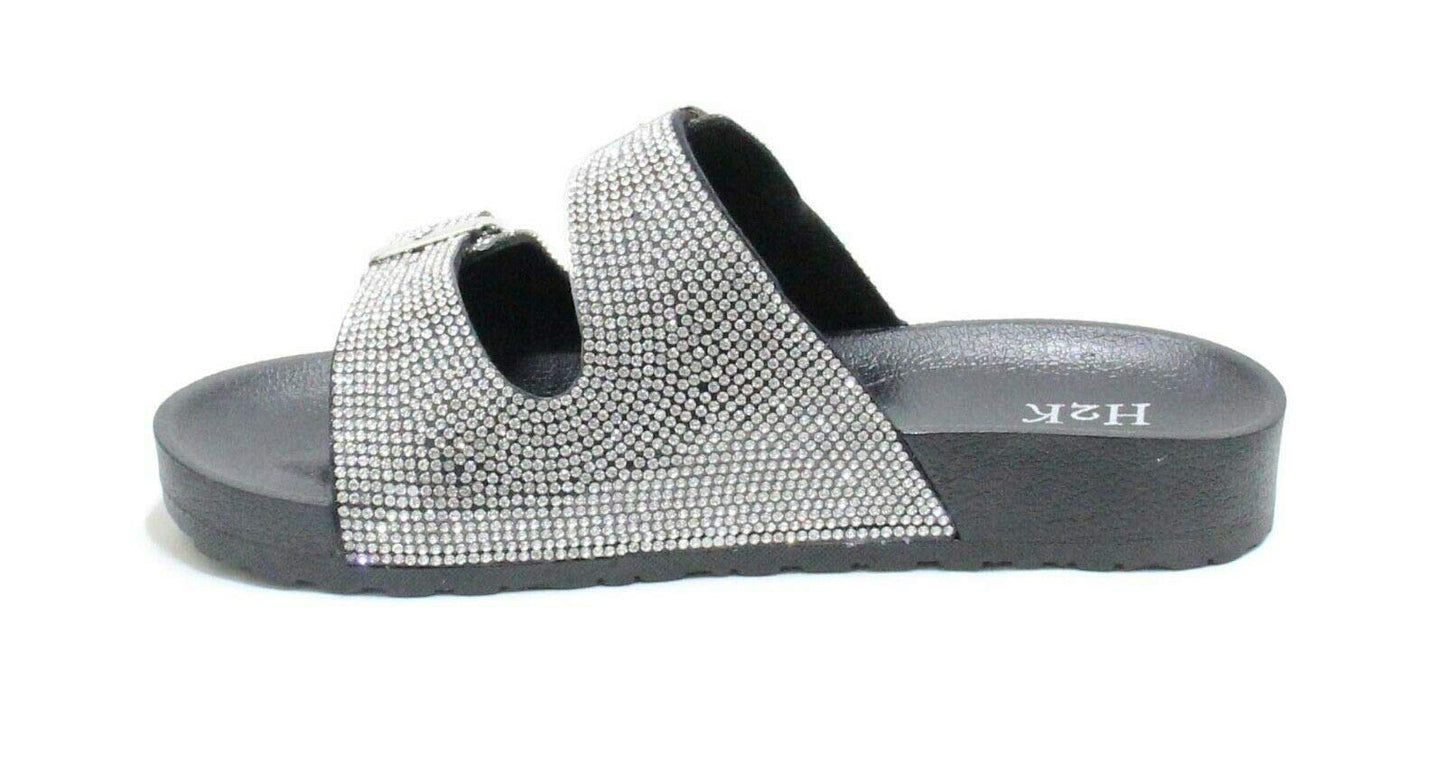 H2K Womens Glitter Double Buckle Adjustable Comfort Slip On Slides Sandals Espen