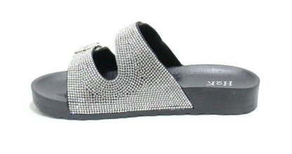 H2K Womens Glitter Double Buckle Adjustable Comfort Slip On Slides Sandals Espen
