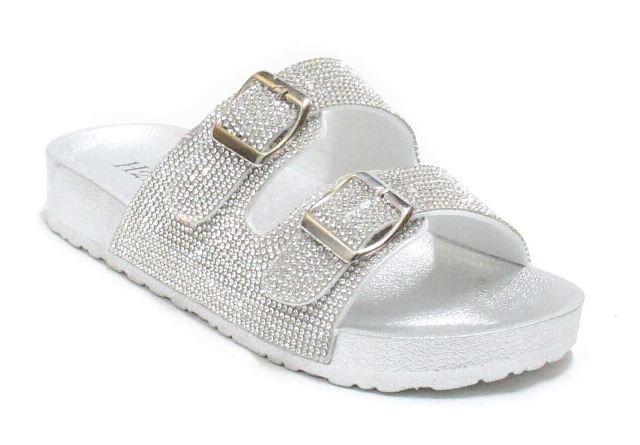 H2K Womens Glitter Double Buckle Adjustable Comfort Slip On Slides Sandals Espen