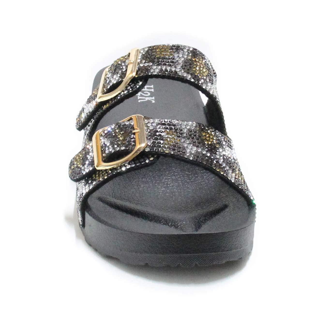 H2K Womens Glitter Double Buckle Adjustable Comfort Slip On Slides Sandals Espen