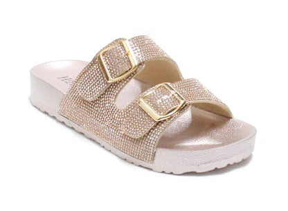 H2K Womens Glitter Double Buckle Adjustable Comfort Slip On Slides Sandals Espen