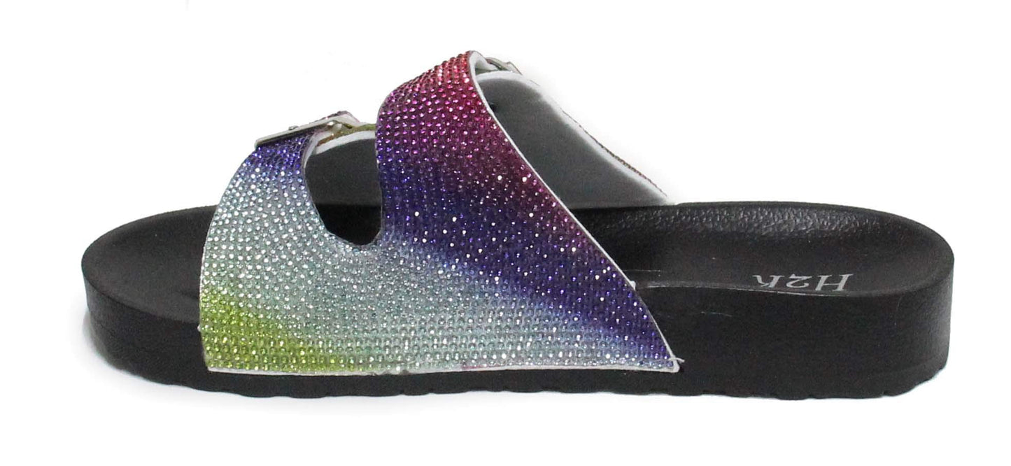 H2K Womens Glitter Double Buckle Adjustable Comfort Slip On Slides Sandals Espen