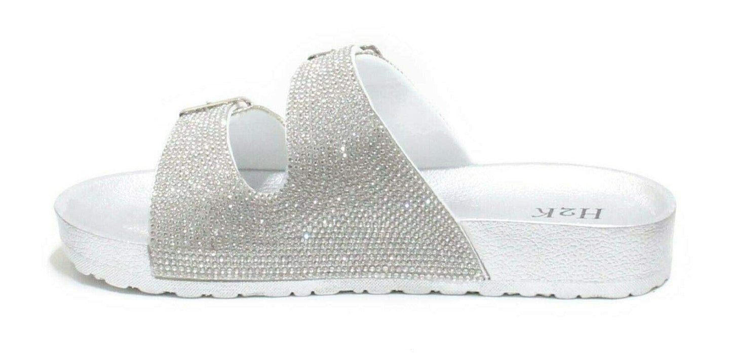H2K Womens Glitter Double Buckle Adjustable Comfort Slip On Slides Sandals Espen