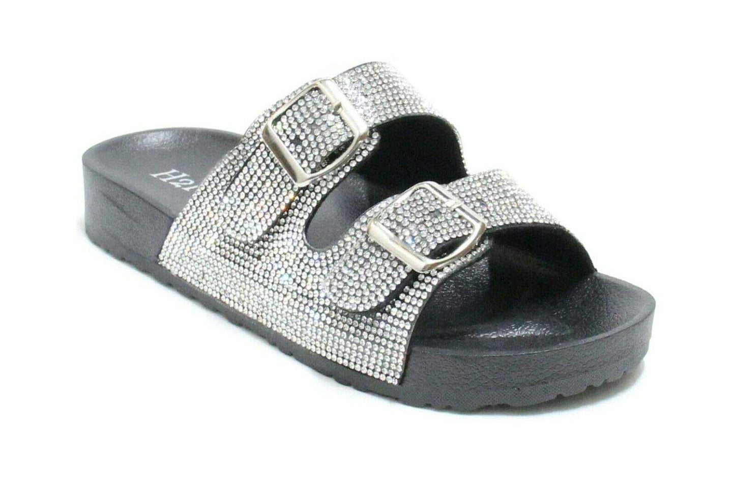 H2K Womens Glitter Double Buckle Adjustable Comfort Slip On Slides Sandals Espen