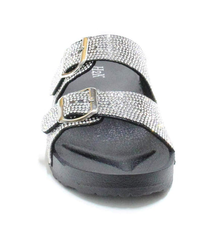 H2K Womens Glitter Double Buckle Adjustable Comfort Slip On Slides Sandals Espen