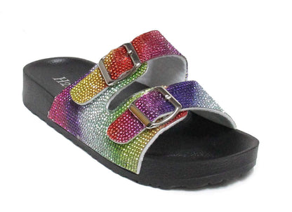 H2K Womens Glitter Double Buckle Adjustable Comfort Slip On Slides Sandals Espen