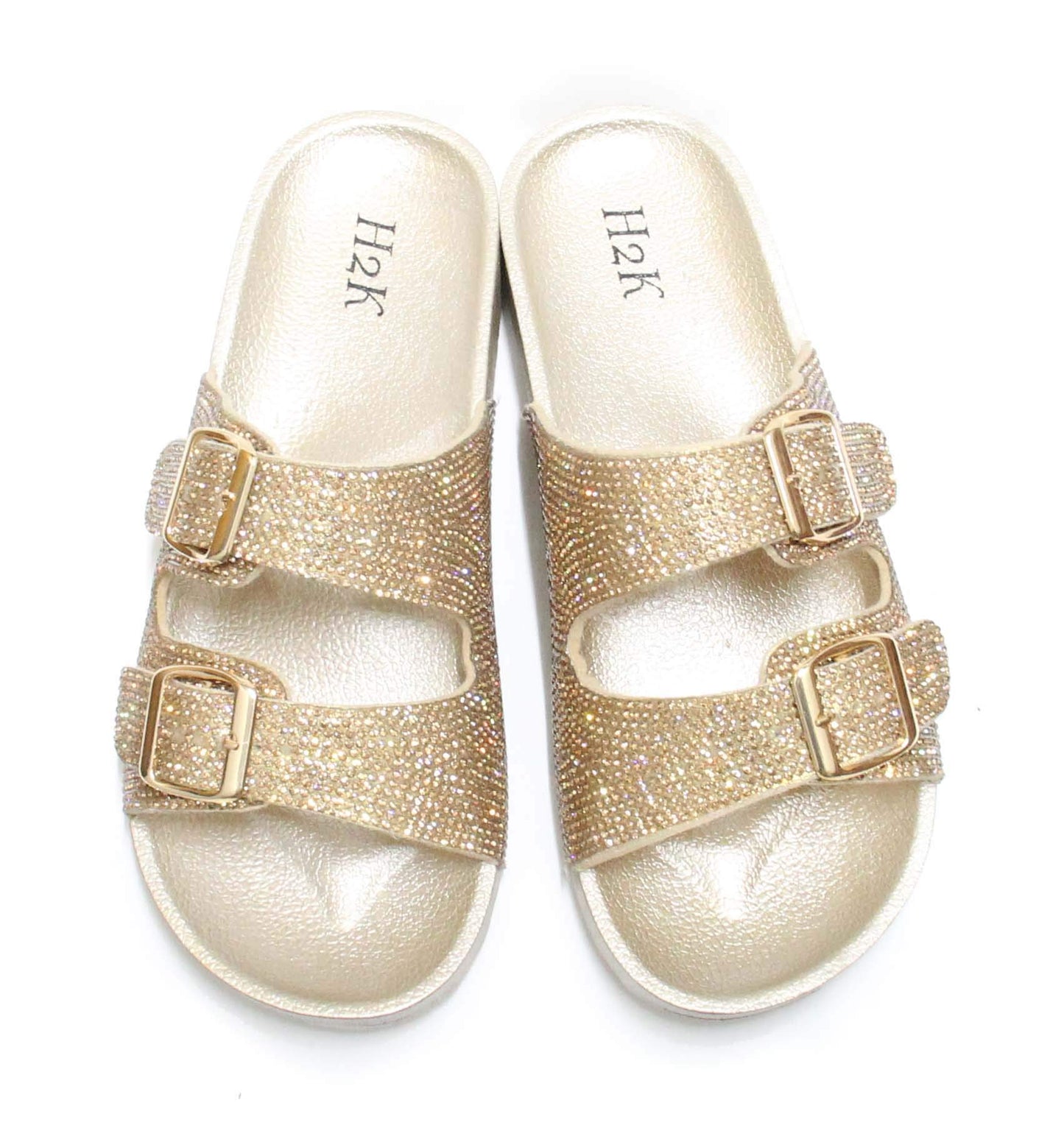 H2K Womens Glitter Double Buckle Adjustable Comfort Slip On Slides Sandals Espen