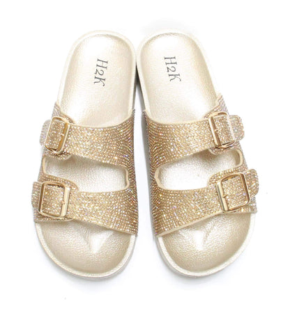 H2K Womens Glitter Double Buckle Adjustable Comfort Slip On Slides Sandals Espen