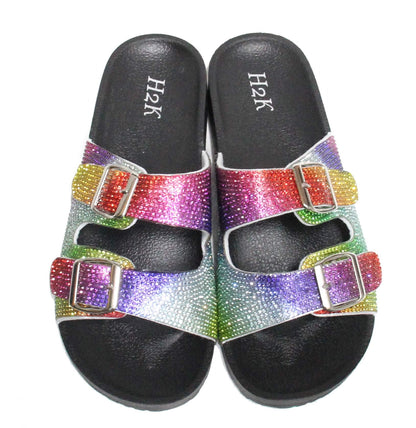 H2K Womens Glitter Double Buckle Adjustable Comfort Slip On Slides Sandals Espen