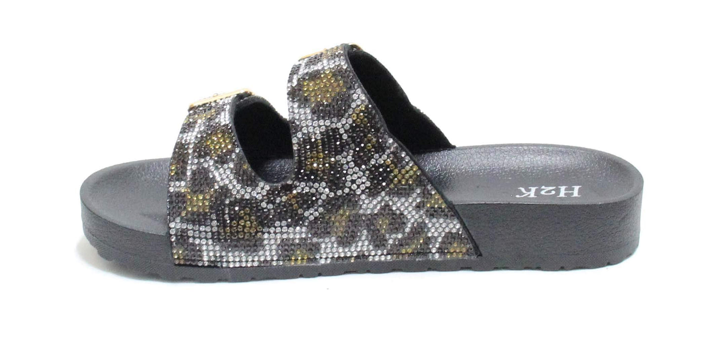 H2K Womens Glitter Double Buckle Adjustable Comfort Slip On Slides Sandals Espen