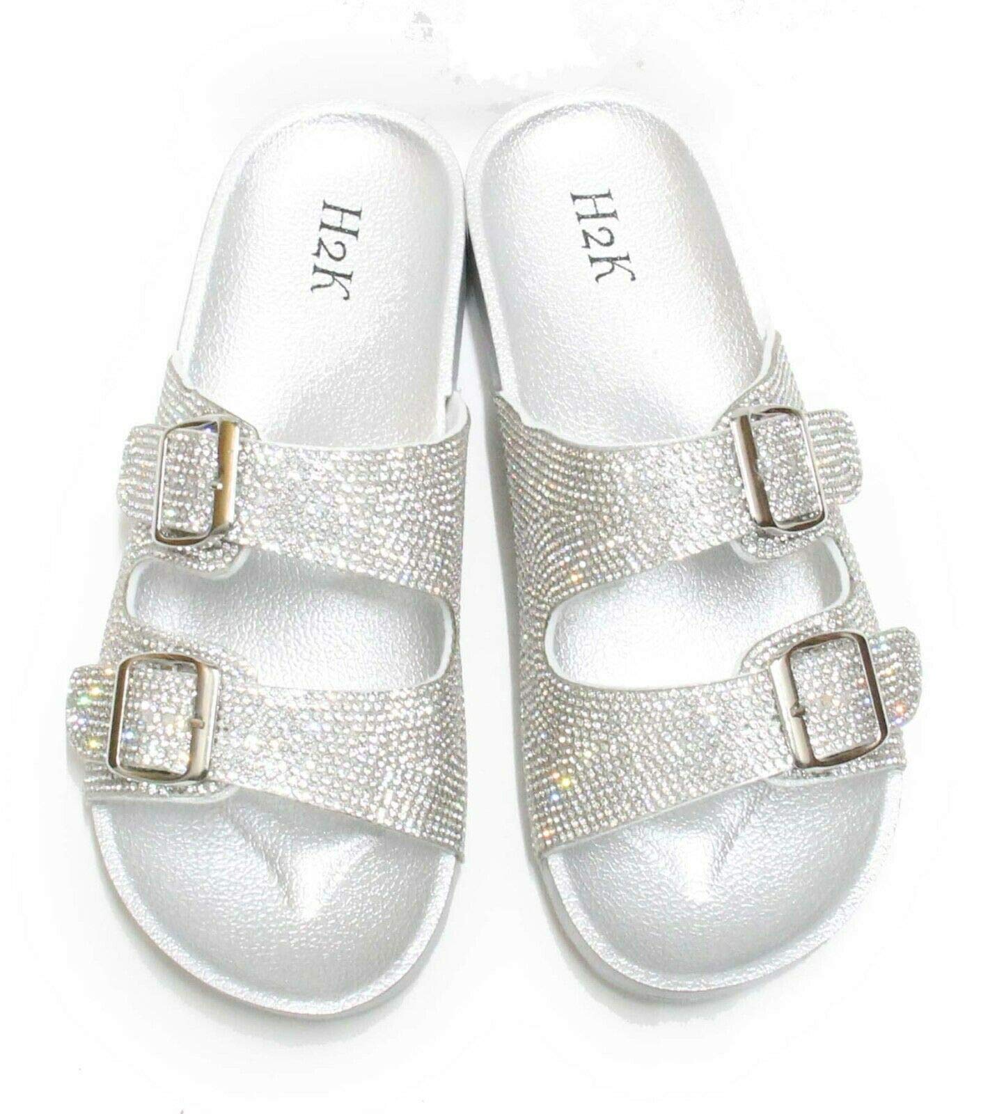 H2K Womens Glitter Double Buckle Adjustable Comfort Slip On Slides Sandals Espen