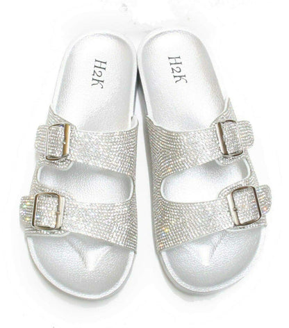 H2K Womens Glitter Double Buckle Adjustable Comfort Slip On Slides Sandals Espen