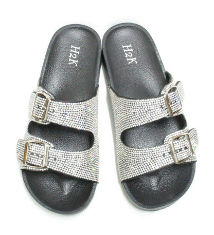 H2K Womens Glitter Double Buckle Adjustable Comfort Slip On Slides Sandals Espen