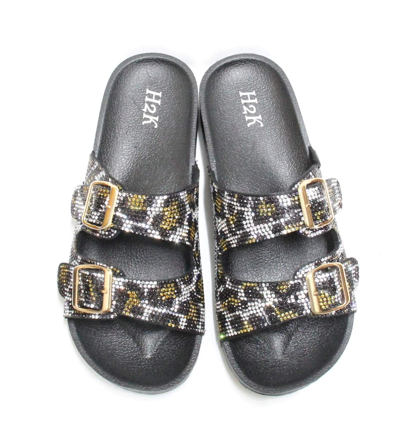H2K Womens Glitter Double Buckle Adjustable Comfort Slip On Slides Sandals Espen