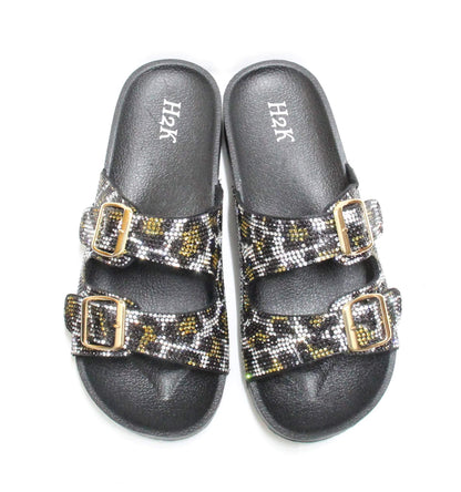 H2K Womens Glitter Double Buckle Adjustable Comfort Slip On Slides Sandals Espen