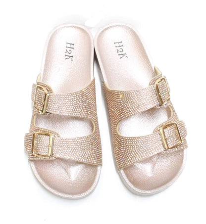 H2K Womens Glitter Double Buckle Adjustable Comfort Slip On Slides Sandals Espen